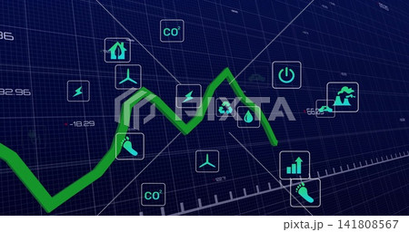 Displaying neon-green zigzag line chart on dark-blue grid dashboard, showing CO2 and energy icons 141808567