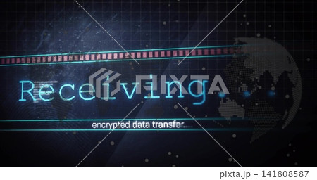 Displaying cyan Receiving text, encrypted transfer subtitle on dashboard, progress strip and globe Displaying cyan Receiving text, encrypted transfer subtitle on dashboard, progress strip and globe 141808587