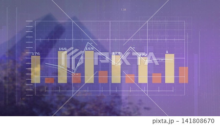 Displaying translucent chart over purple mountain dusk, showing yellow bars, white line, labels Displaying translucent chart over purple mountain dusk, showing yellow bars, white line, labels 141808670