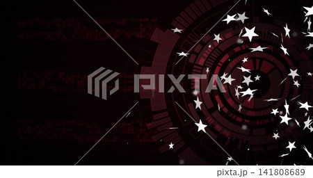 Rotating red HUD rings pulsing over dark digital field with white stars and particles Rotating red HUD rings pulsing over dark digital field with white stars and particles 141808689