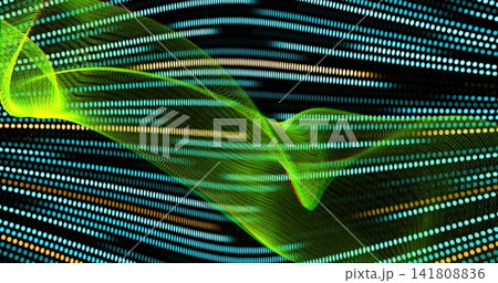 Flowing translucent green ribbon sweeping diagonally across dark digital field, with dotted matrix 141808836
