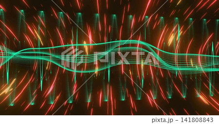 Pulsing neon green dotted waveform crossing black with red-orange streaks, teal spikes, gold sparks Pulsing neon green dotted waveform crossing black with red-orange streaks, teal spikes, gold sparks 141808843