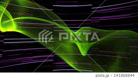 Flowing neon-green mesh ribbon undulating across black void, emitting purple and white streaks Flowing neon-green mesh ribbon undulating across black void, emitting purple and white streaks 141808844