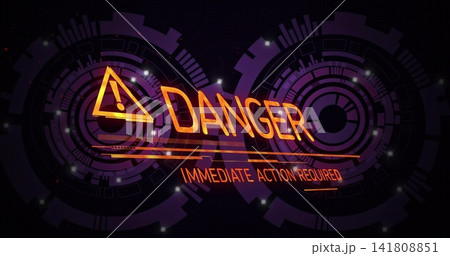 Displaying neon DANGER cluster on HUD, showing triangular icon, IMMEDIATE ACTION REQUIRED, rings Displaying neon DANGER cluster on HUD, showing triangular icon, IMMEDIATE ACTION REQUIRED, rings 141808851