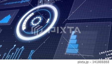 Displaying large circular HUD gauge left on tilted grid, showing stacked bar chart and waveform Displaying large circular HUD gauge left on tilted grid, showing stacked bar chart and waveform 141808868