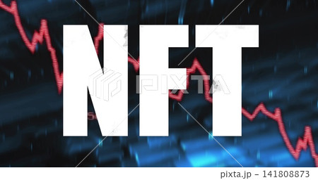 Displaying large white NFT text dominating crypto backdrop, featuring red zigzag market chart line 141808873