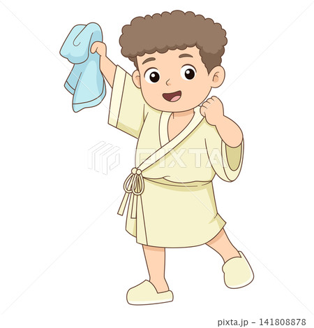 Cute little boy holding towel wearing bathrobe cartoon hygiene illustration character Cute little boy holding towel wearing bathrobe cartoon hygiene illustration character 141808878