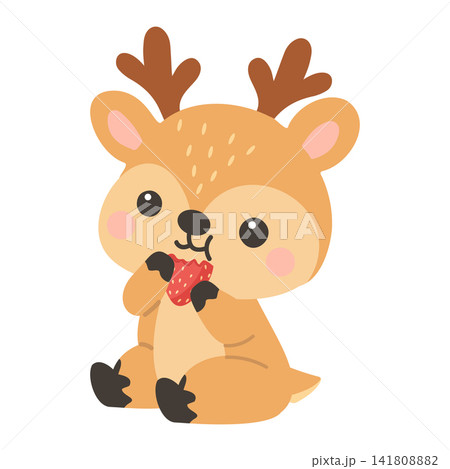 Little fawn with antlers enjoying a fresh strawberry Little fawn with antlers enjoying a fresh strawberry 141808882