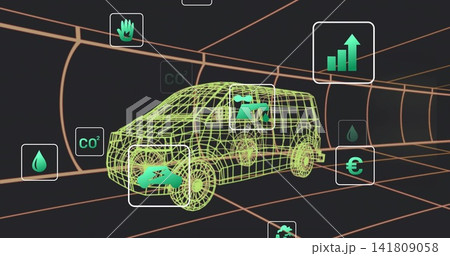 Displaying neon-green wireframe SUV navigating orange-grid tunnel, with floating UI icons Displaying neon-green wireframe SUV navigating orange-grid tunnel, with floating UI icons 141809058