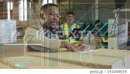 Leaning warehouse worker checking big cardboard box at packing bench, with HUD, tablet, vests Leaning warehouse worker checking big cardboard box at packing bench, with HUD, tablet, vests 141809059
