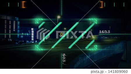 Displaying neon green Z-shaped holographic overlay over urban highway at night, with HUD elements 141809060