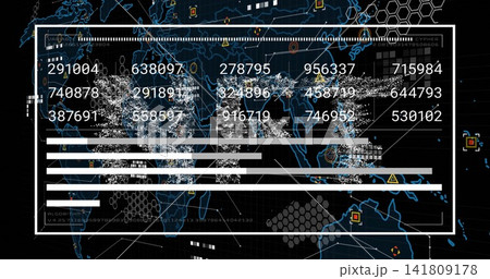 Displaying central white data panel over blue world map, showing numeric readouts, grey bar graphs Displaying central white data panel over blue world map, showing numeric readouts, grey bar graphs 141809178