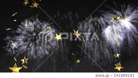 Bursting white-silver fireworks and drifting gold star confetti in open night sky, sending sparks Bursting white-silver fireworks and drifting gold star confetti in open night sky, sending sparks 141809181