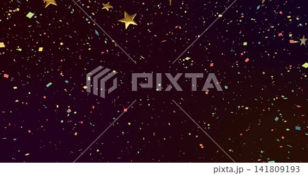 Scattering colorful confetti over dark maroon gradient, showing three gold star cutouts and glitter 141809193