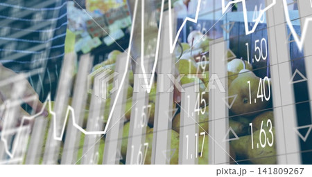 Displaying green pear stack on market shelving, striped sleeve reaching through market charts Displaying green pear stack on market shelving, striped sleeve reaching through market charts 141809267