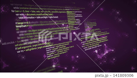 Drifting programming code blocks creating deep purple cyberspace, with glowing nodes and mesh lines Drifting programming code blocks creating deep purple cyberspace, with glowing nodes and mesh lines 141809306