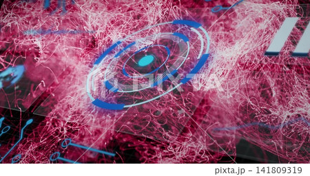 Rotating central HUD interface glowing on dark screen, with magenta wisps, blue arcs, cyan core Rotating central HUD interface glowing on dark screen, with magenta wisps, blue arcs, cyan core 141809319