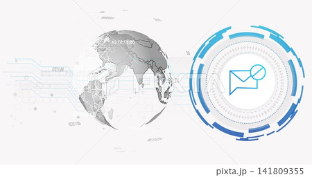 Displaying blue-cyan HUD showing envelope icon on right side UI, with globe, circuits, copy space Displaying blue-cyan HUD showing envelope icon on right side UI, with globe, circuits, copy space 141809355
