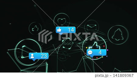 Floating cluster of social media icons connecting in dark network, with blue badges and nodes 141809367