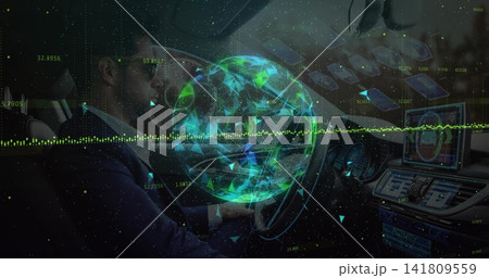 Operating driver in dark suit, sunglasses using touchscreen inside sedan with AR globe, copy space Operating driver in dark suit, sunglasses using touchscreen inside sedan with AR globe, copy space 141809559