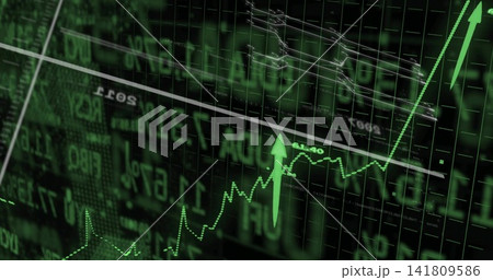 Displaying ascending green line chart, upward arrow on tilted dashboard showing grid and tickers Displaying ascending green line chart, upward arrow on tilted dashboard showing grid and tickers 141809586