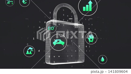 Hovering central wireframe padlock connecting icons in virtual UI, with electric car, CO2 141809604