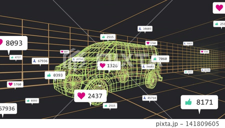 Displaying neon green wireframe van hovering in 3D grid space, with orange grid and reaction badges 141809605