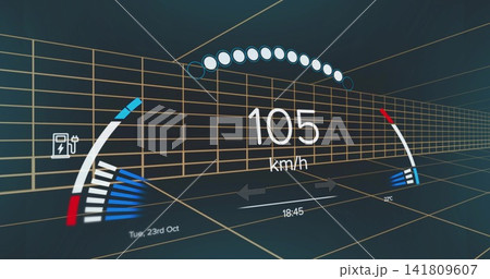 Displaying digital HUD dashboard projecting over 3D wireframe grid, showing 105 km or h speed Displaying digital HUD dashboard projecting over 3D wireframe grid, showing 105 km or h speed 141809607
