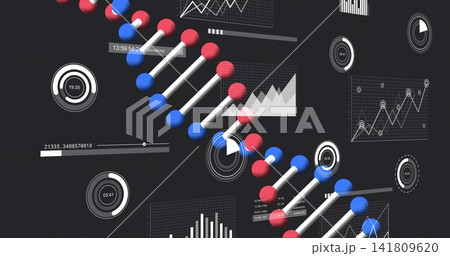 Running abstract DNA-like chain crossing digital dashboard overlaying radial gauges and charts 141809620