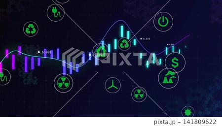 Displaying financial chart on dark digital dashboard, showing bars, cyan trend, green icons, labels 141809622