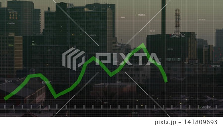 Displaying bright green jagged line chart over urban rooftop skyline with grid labels and towers 141809693
