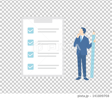 A male businessperson checks a binder's checklist with a pencil. A male businessperson checks a binder's checklist with a pencil. 141809708