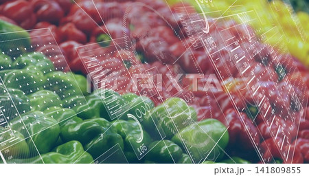 Displaying green, red, yellow bell peppers in rows at market produce display with AR HUD overlays Displaying green, red, yellow bell peppers in rows at market produce display with AR HUD overlays 141809855