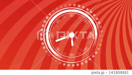 Displaying white analog clock dominating red poster, showing rings, square markers, white hands Displaying white analog clock dominating red poster, showing rings, square markers, white hands 141809881