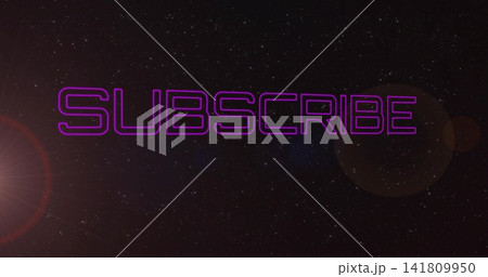 Displaying neon purple outlined SUBSCRIBE glowing in space, with stars, lens flare, lens reflection Displaying neon purple outlined SUBSCRIBE glowing in space, with stars, lens flare, lens reflection 141809950