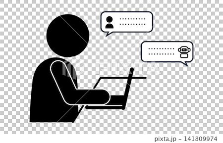 A pictogram of a person interacting with AI on a laptop. 141809974