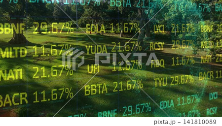 Showing grassy lawn and tree trunks in public park, with neon ticker overlaying scene 141810089
