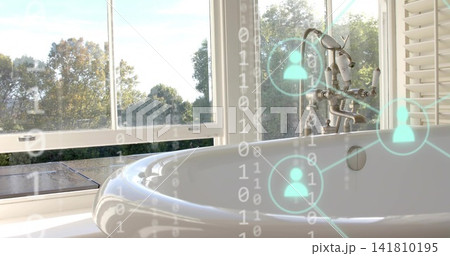 Showing white freestanding tub gleaming near bathroom window, with chrome faucet and binary overlay Showing white freestanding tub gleaming near bathroom window, with chrome faucet and binary overlay 141810195
