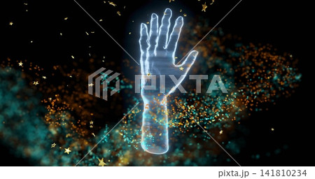 Floating translucent holo forearm, hand showing cyan core, scanlines in dark void, star confetti Floating translucent holo forearm, hand showing cyan core, scanlines in dark void, star confetti 141810234