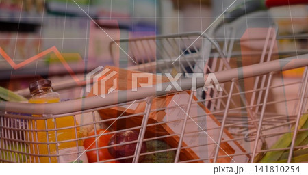 Showing metal wire-frame shopping cart holding juice bottle, cereal box, apple in supermarket aisle Showing metal wire-frame shopping cart holding juice bottle, cereal box, apple in supermarket aisle 141810254