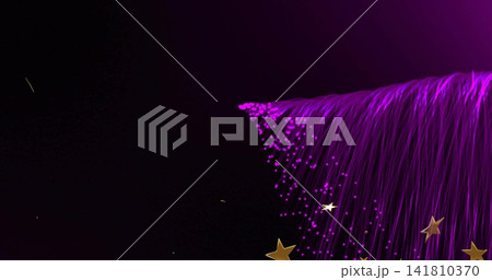 Streaming purple fiber strands with magenta glow falling on dark gradient, gold stars, copy space 141810370