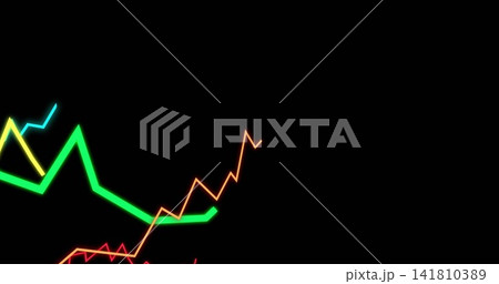 Showing neon zigzag graphs in green, orange, yellow, cyan on black screen, lacking axes, copy space Showing neon zigzag graphs in green, orange, yellow, cyan on black screen, lacking axes, copy space 141810389