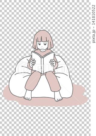 月明かりの下で本を読む少女、読書、リラックス、おやすみのイラスト(ピンク・背景なし) 月明かりの下で本を読む少女、読書、リラックス、おやすみのイラスト(ピンク・背景なし) 141810522