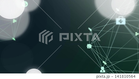 Showing clustered network graph on right side, displaying mint-green nodes with icons, copy space 141810564