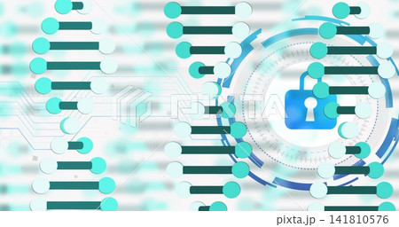 Displaying central genomic HUD merging with vertical DNA strands in digital interface, blue padlock 141810576