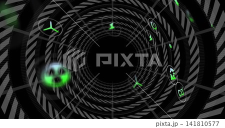 Spiraling central black void and striped shell in data conduit pulling CO?, trefoil icons inward Spiraling central black void and striped shell in data conduit pulling CO?, trefoil icons inward 141810577