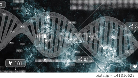 Displaying faint DNA helix running horizontally across data dashboard, showing numeric callouts Displaying faint DNA helix running horizontally across data dashboard, showing numeric callouts 141810625