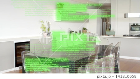 Showing glass table with six clear acrylic chairs casting neon AR code overlay in modern kitchen Showing glass table with six clear acrylic chairs casting neon AR code overlay in modern kitchen 141810659
