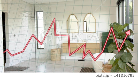 Displaying red zigzag line chart overlaying bathroom with freestanding tub, glass shower, vanity 141810793