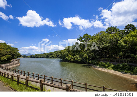 春日市白水池の池と夏の空 春日市白水池の池と夏の空 141811501